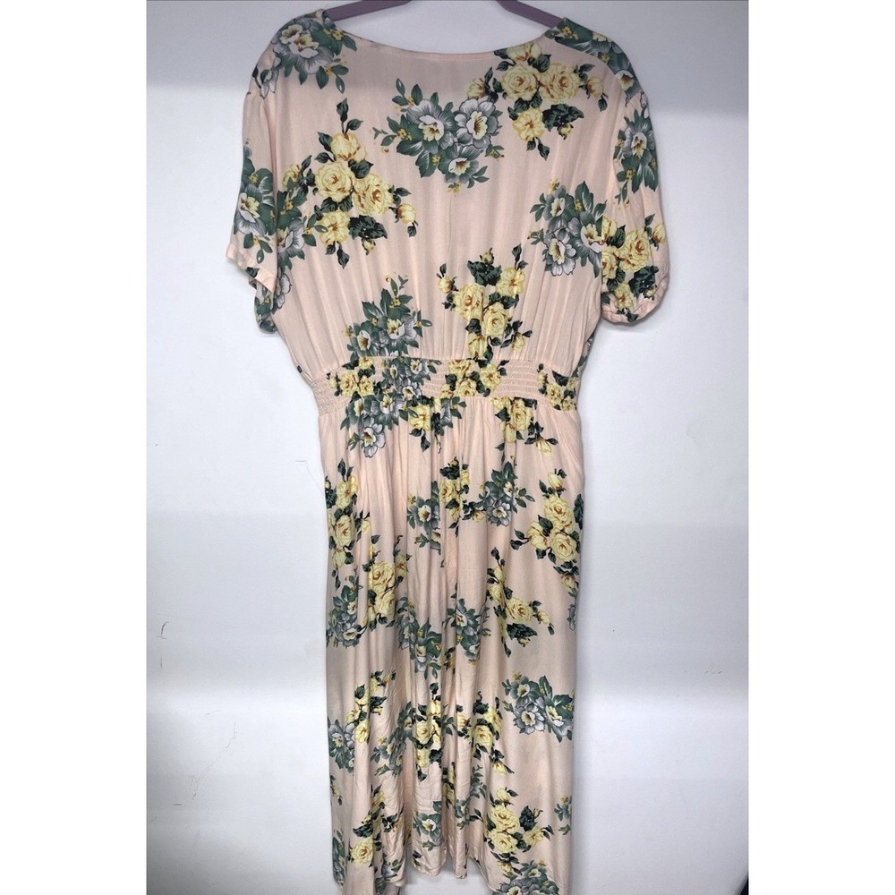 Womens XXL Floral Midi Dress Pink Yellow Cottagecore Smocked Waist Romantic - Picture 9 of 10